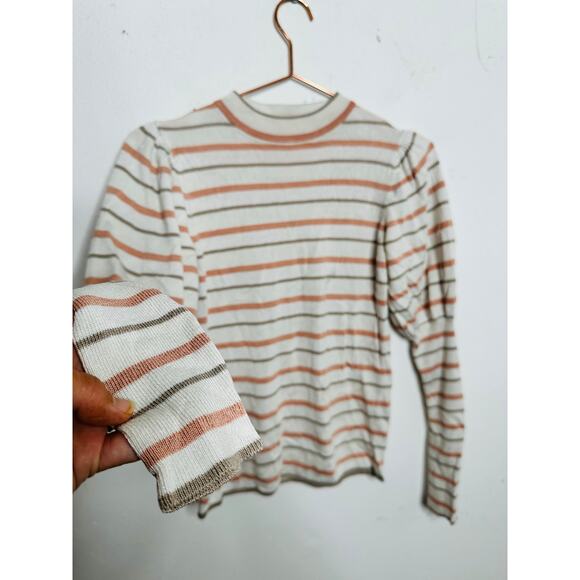 SEE BY CHLOÉ Cream Pink Striped Puff Sleeves Crewneck Sweater Size Medium - Picture 8 of 14